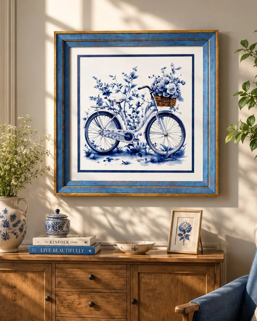 Blue & White Framed Wall art - 12"x12"