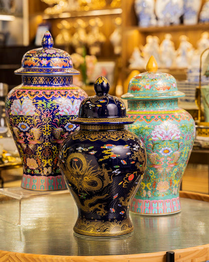 Golden Imperial Dragon Temple Jar - Midnight Blue - 35 cm