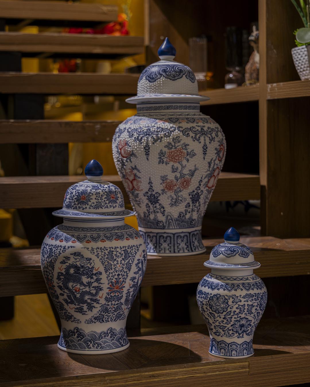 Blue and White Oriental Temple Jar - 24 cm