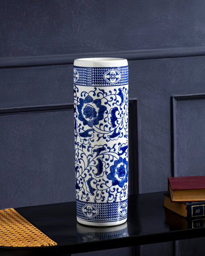 Blue & White Cylindrical Floor Vase