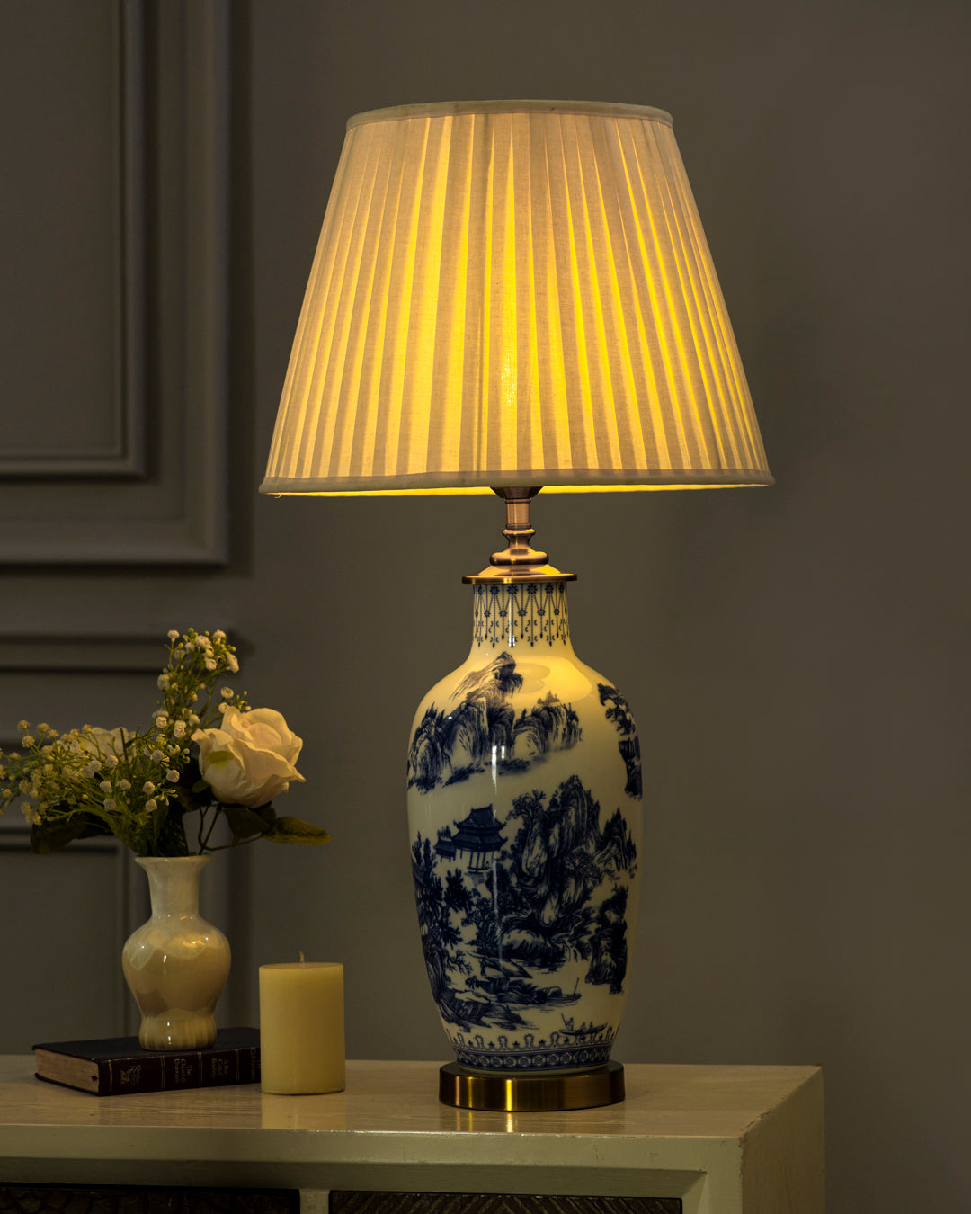 Oriental Mountain & Pavilion Bone China Table Lamp