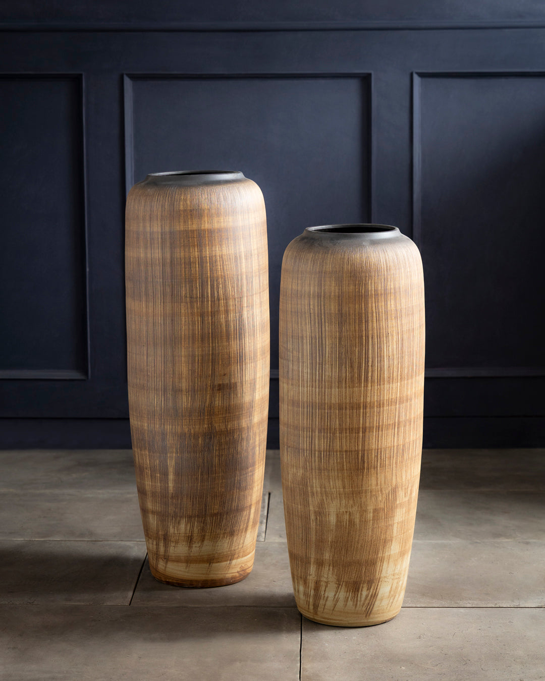 Walnut Wood Finish Floor Vase - Set Of 2