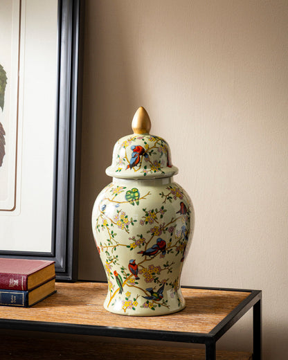 Floral Bird Ceramic Temple Jar