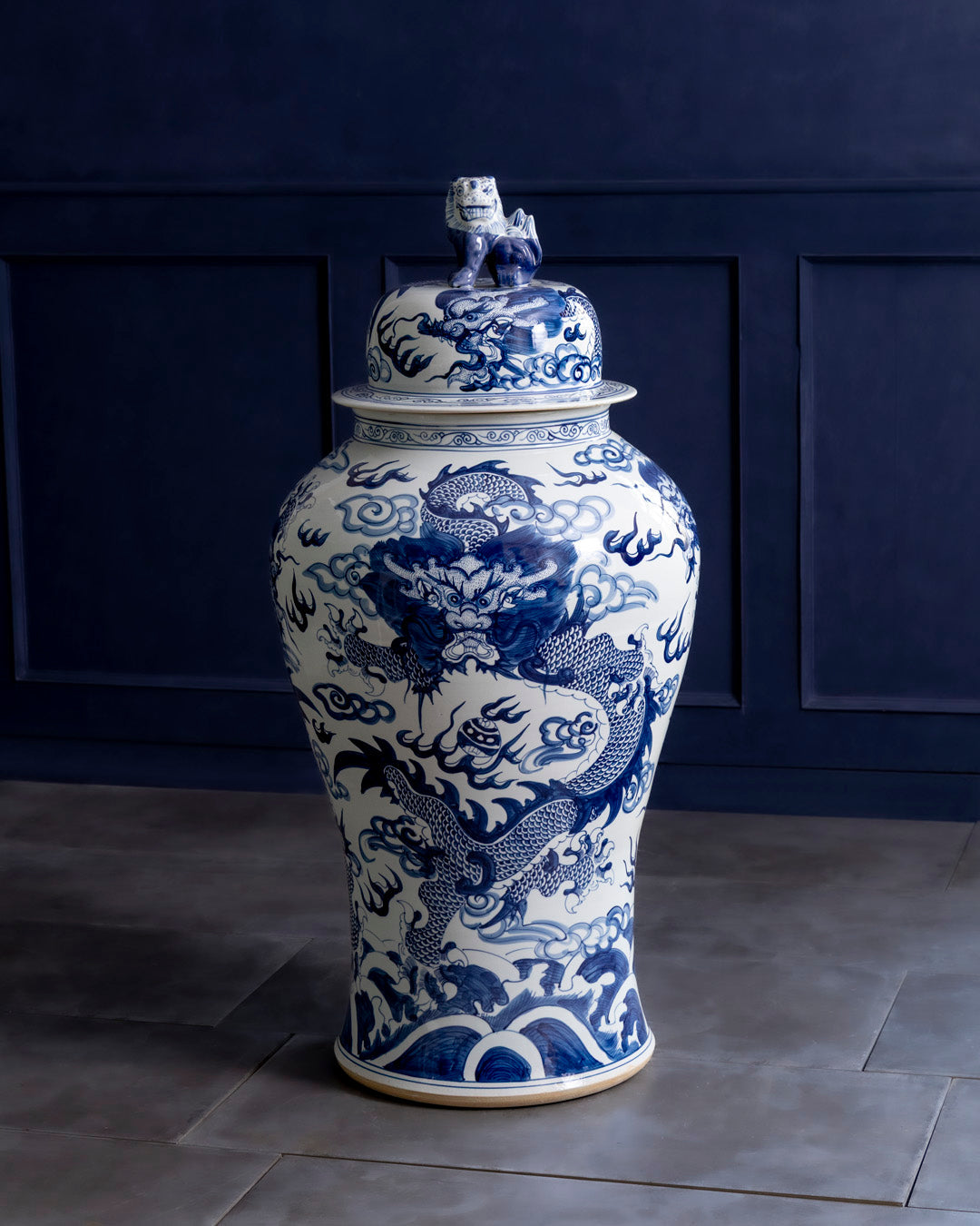 Imperial Blue Dragon Grand Temple Jar with Guardian Lid - 116