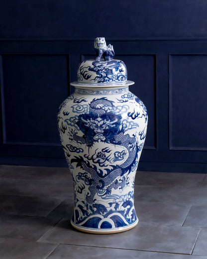 Imperial Blue Dragon Grand Temple Jar with Guardian Lid - 116