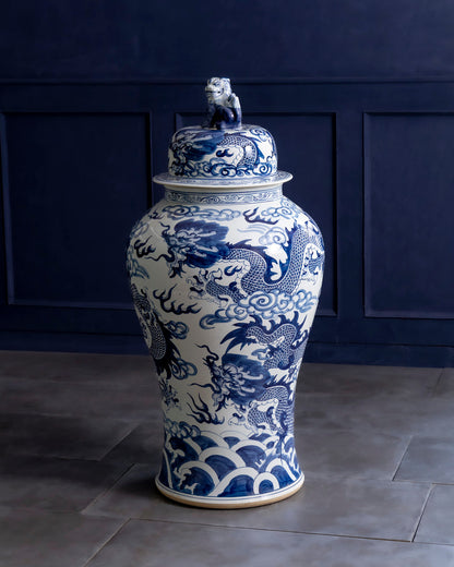 Imperial Blue Dragon Grand Temple Jar with Guardian Lid - 116