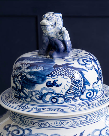 Imperial Blue Dragon Grand Temple Jar with Guardian Lid - 116