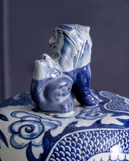 Imperial Blue Dragon Grand Temple Jar with Guardian Lid - 116