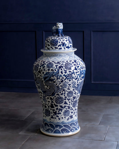 Grand Floral Blue & White Temple Jar with Guardian Lid - 116 CM