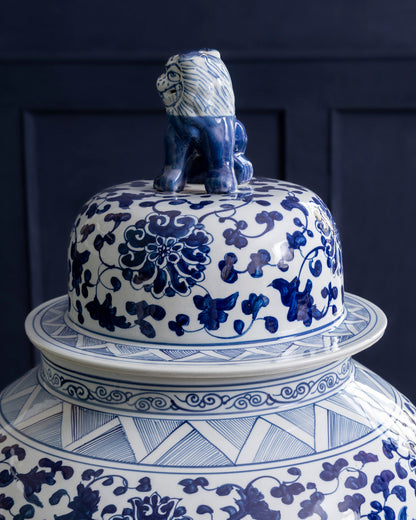 Grand Floral Blue & White Temple Jar with Guardian Lid - 116 CM