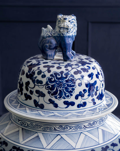 Grand Floral Blue & White Temple Jar with Guardian Lid - 116 CM