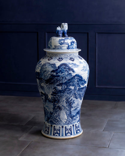 Grand Scenic Blue & White Temple Jar with Guardian Lid - 116