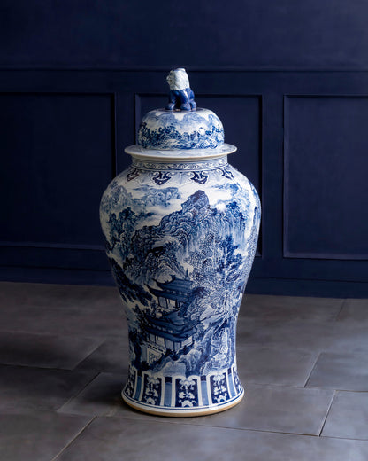 Grand Scenic Blue & White Temple Jar with Guardian Lid - 116