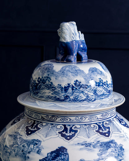 Grand Scenic Blue & White Temple Jar with Guardian Lid - 116