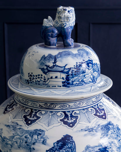 Grand Scenic Blue & White Temple Jar with Guardian Lid - 116