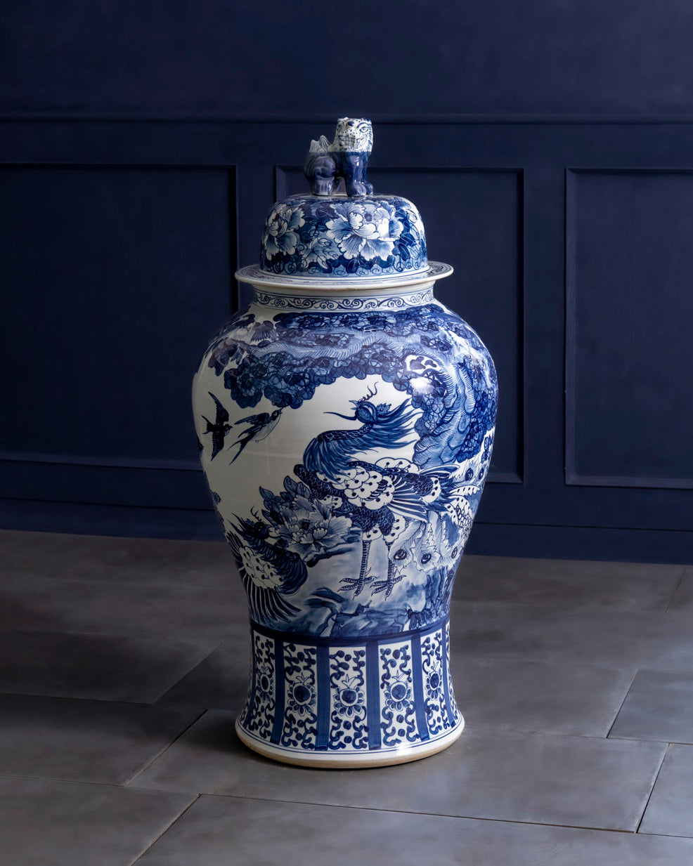 Grand Crane & Floral Blue Temple Jar with Guardian Lid - 116 CM