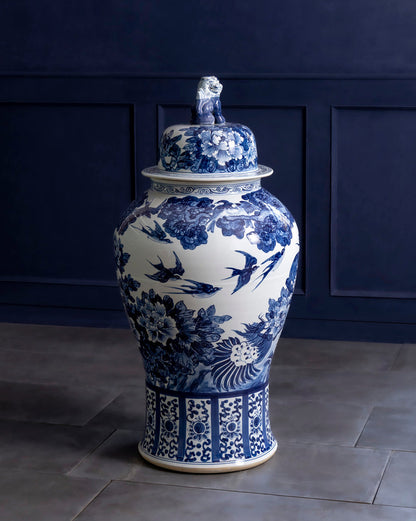 Grand Crane & Floral Blue Temple Jar with Guardian Lid - 116 CM