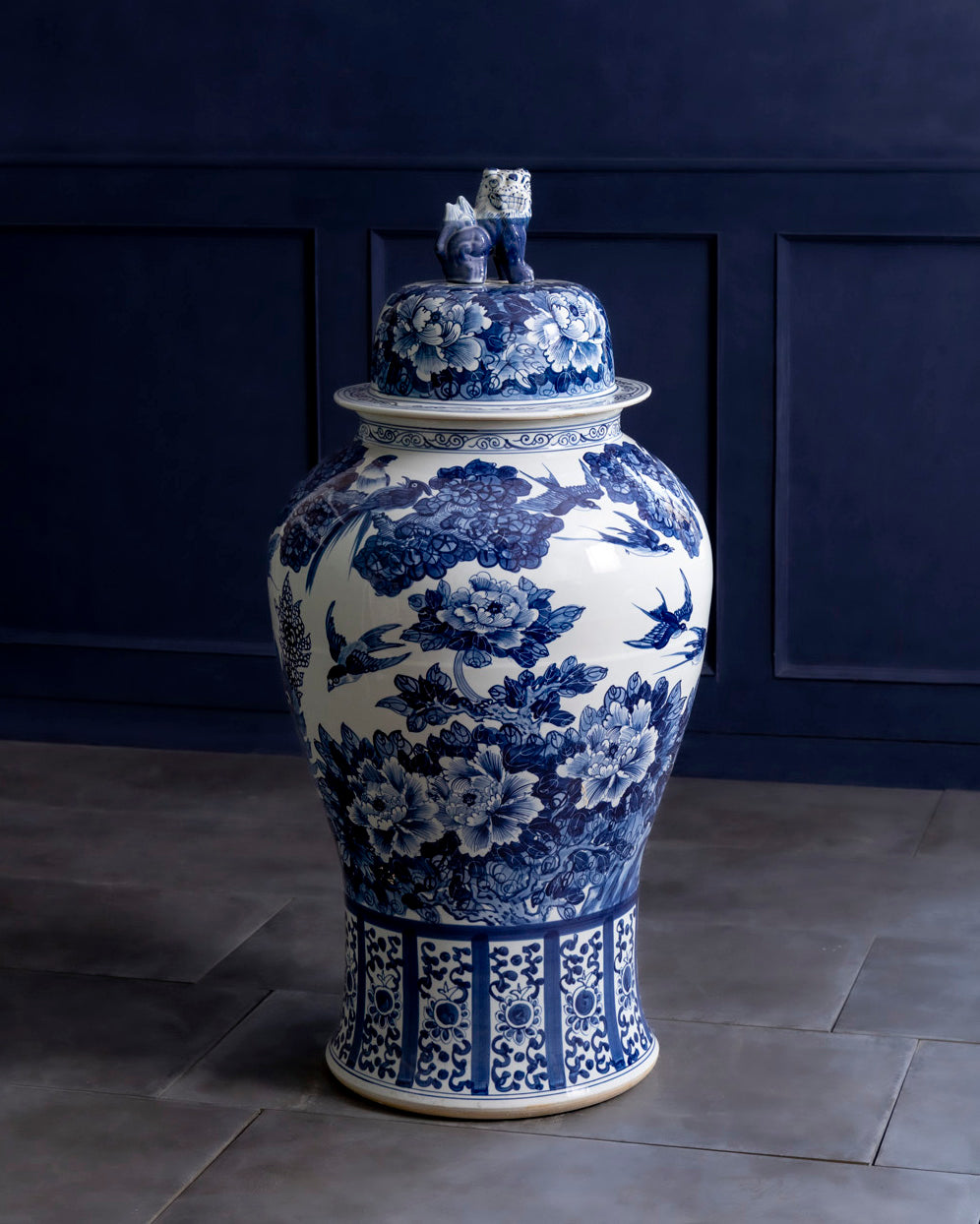 Grand Crane & Floral Blue Temple Jar with Guardian Lid - 116 CM