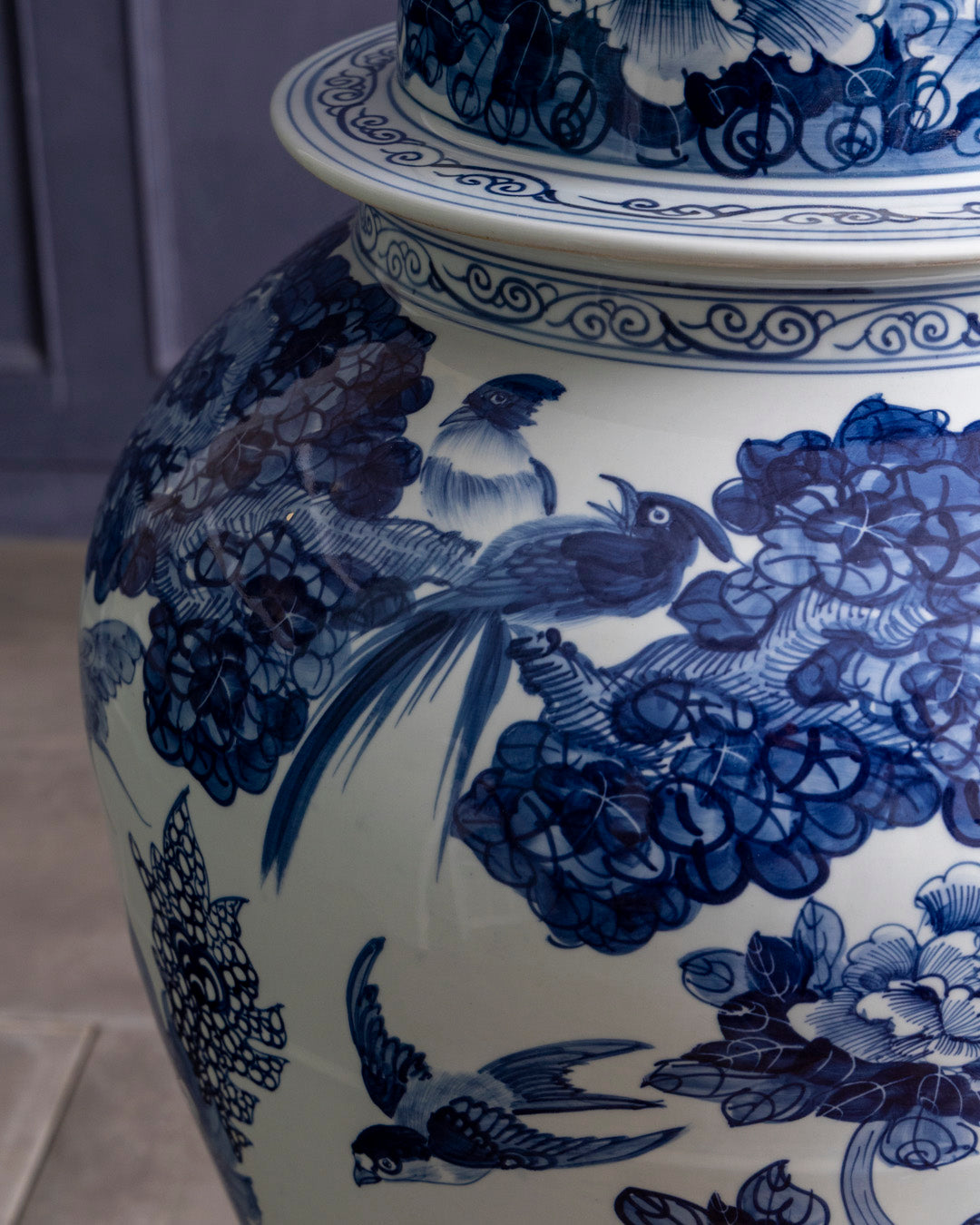 Grand Crane & Floral Blue Temple Jar with Guardian Lid - 116 CM