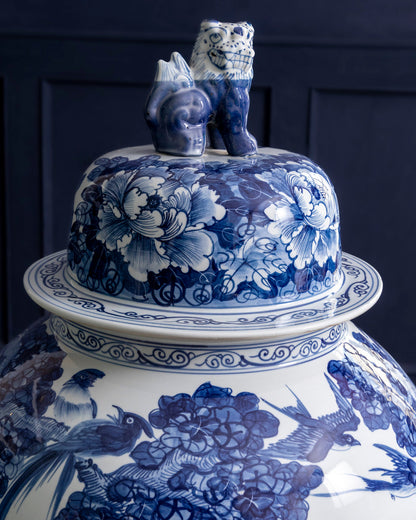 Grand Crane & Floral Blue Temple Jar with Guardian Lid - 116 CM