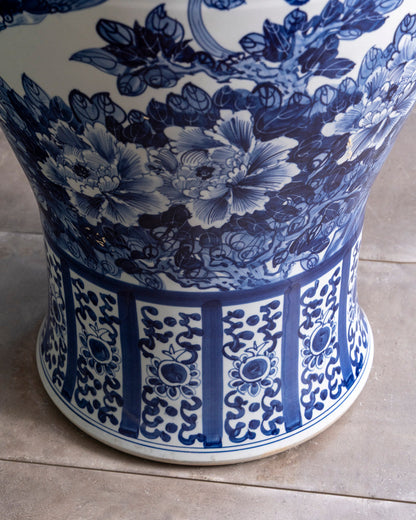 Grand Crane & Floral Blue Temple Jar with Guardian Lid - 116 CM