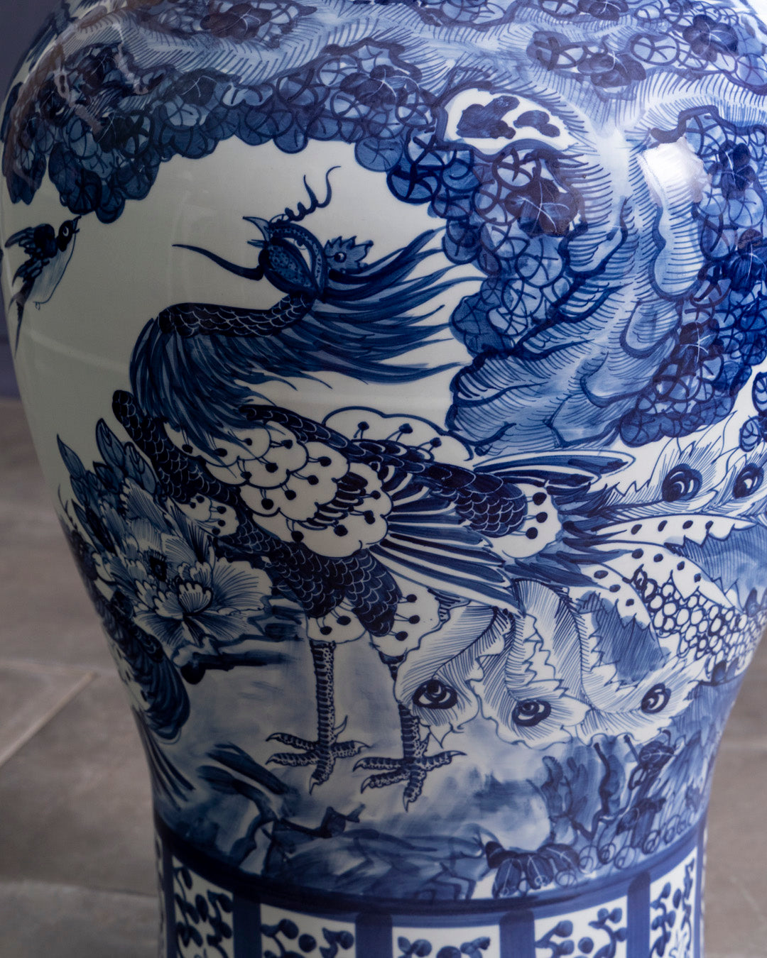 Grand Crane & Floral Blue Temple Jar with Guardian Lid - 116 CM