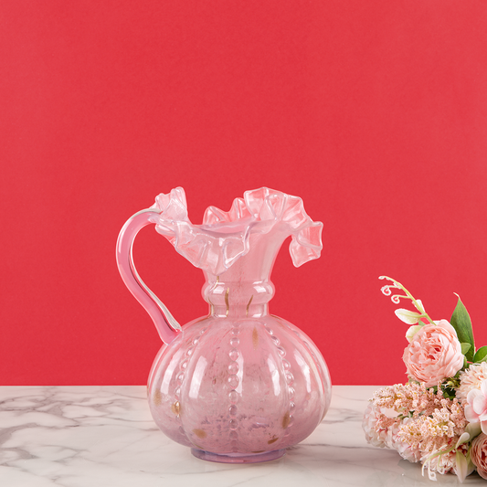 Vintage Rosy Pitcher Handblown Glass Vase and Decorative Showpiece