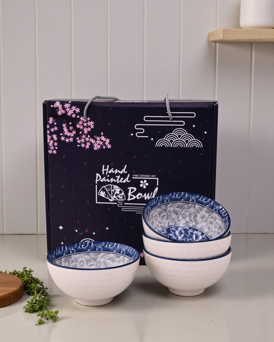 Indigo Bloom Ceramic Katori - Set Of 4