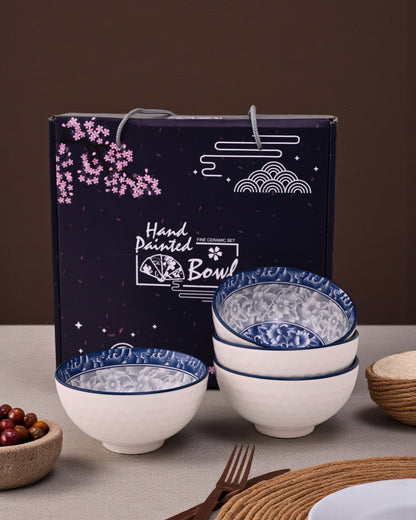 Indigo Bloom Ceramic Katori - Set Of 4