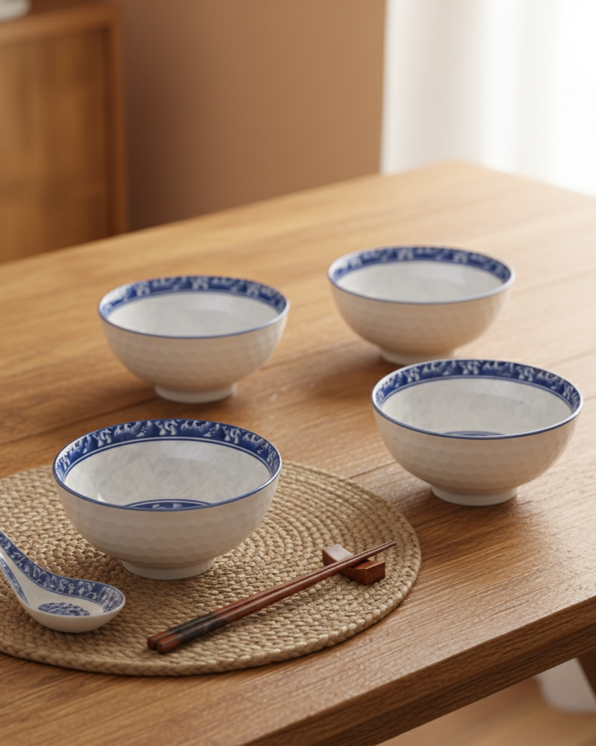 Indigo Bloom Ceramic Katori - Set Of 4