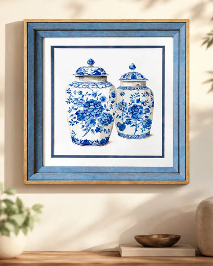 Blue & White Framed Wall art - 12"x12"