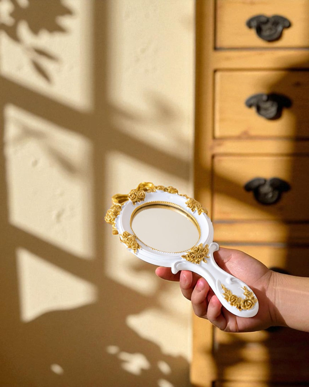 Vintage Aqua Floral Hand Mirror - White