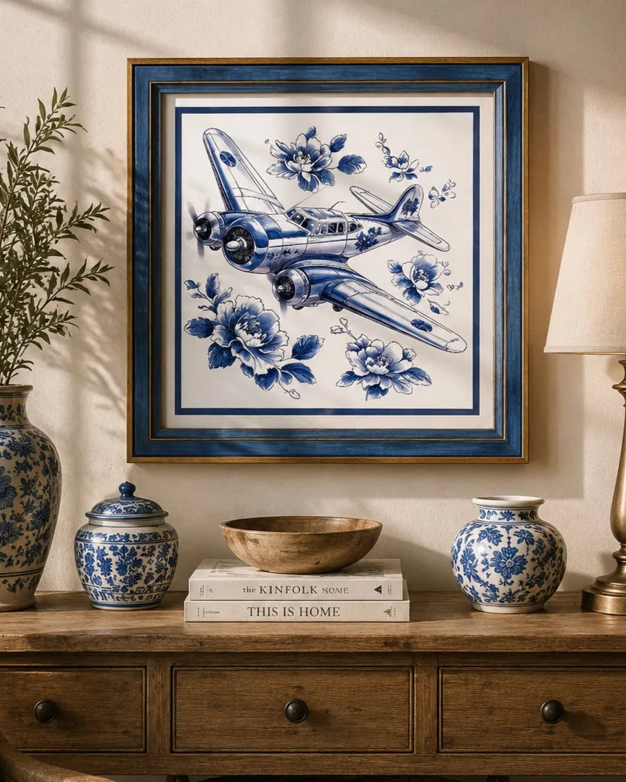 Blue & White Framed Wall art - 12"x12"
