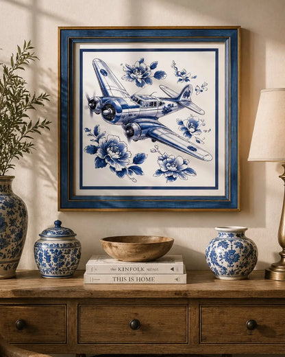 Blue & White Framed Wall art - 12"x12"