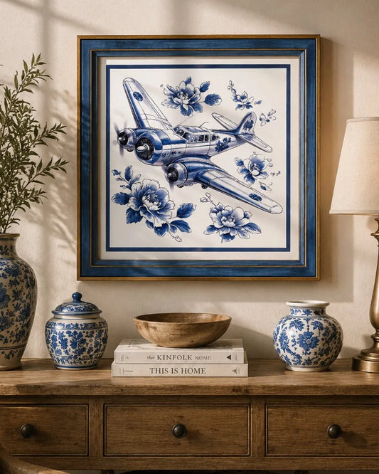 Blue & White Framed Wall art - 12"x12"
