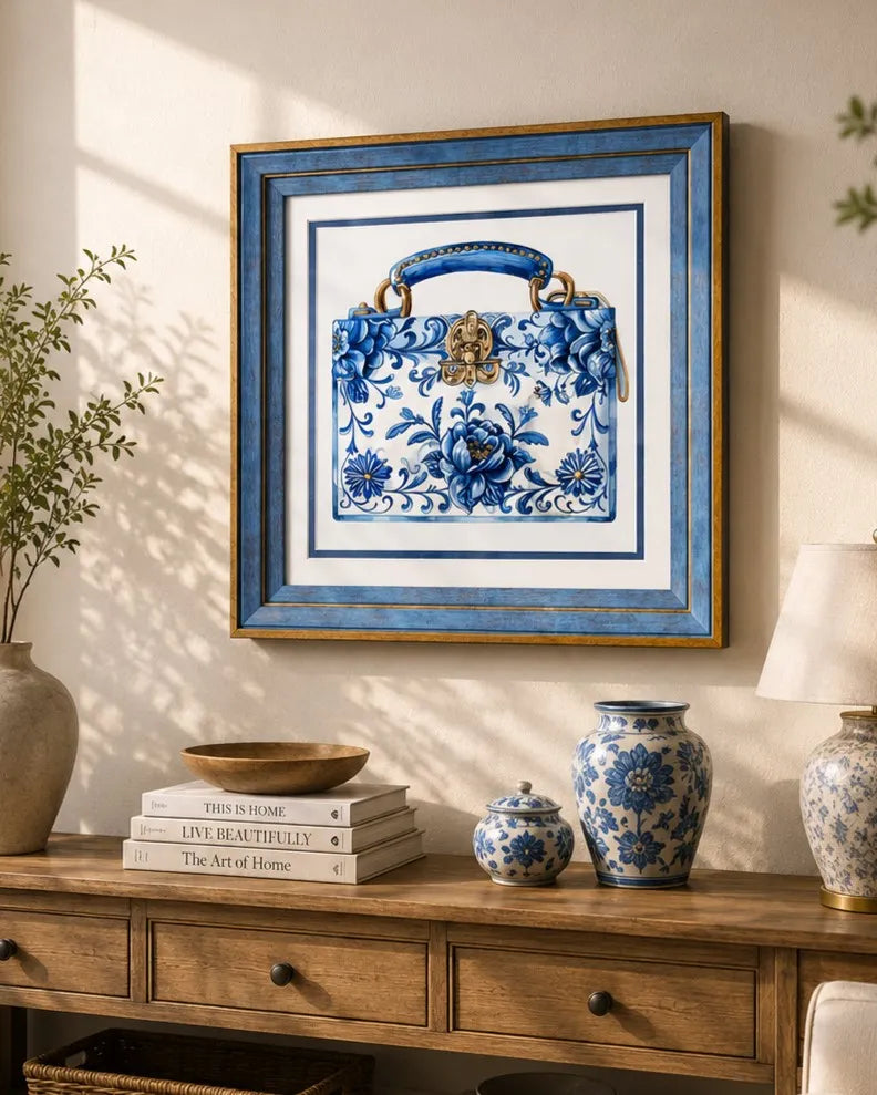 Blue & White Framed Wall art - 12"x12"