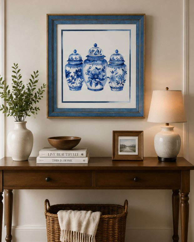 Blue & White Framed Wall art - 12"x12"
