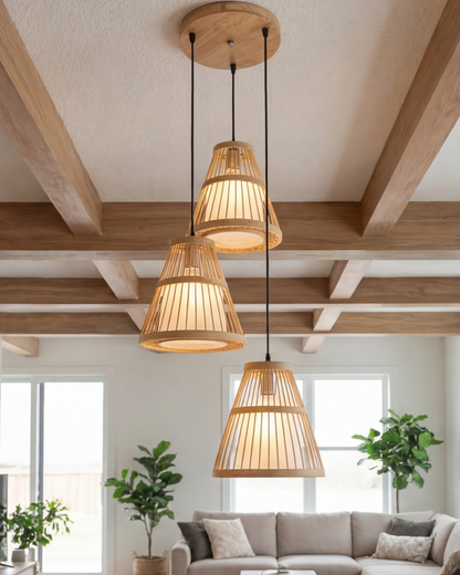 Rustic Wood Frame Trio Pendant Light