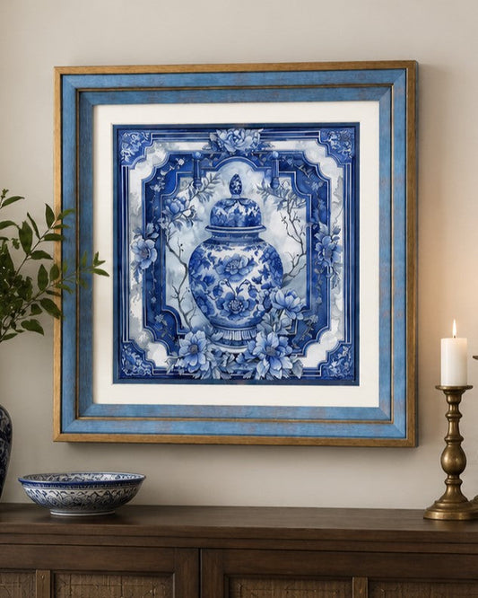 Blue & White Framed Wall art - 12"x12"