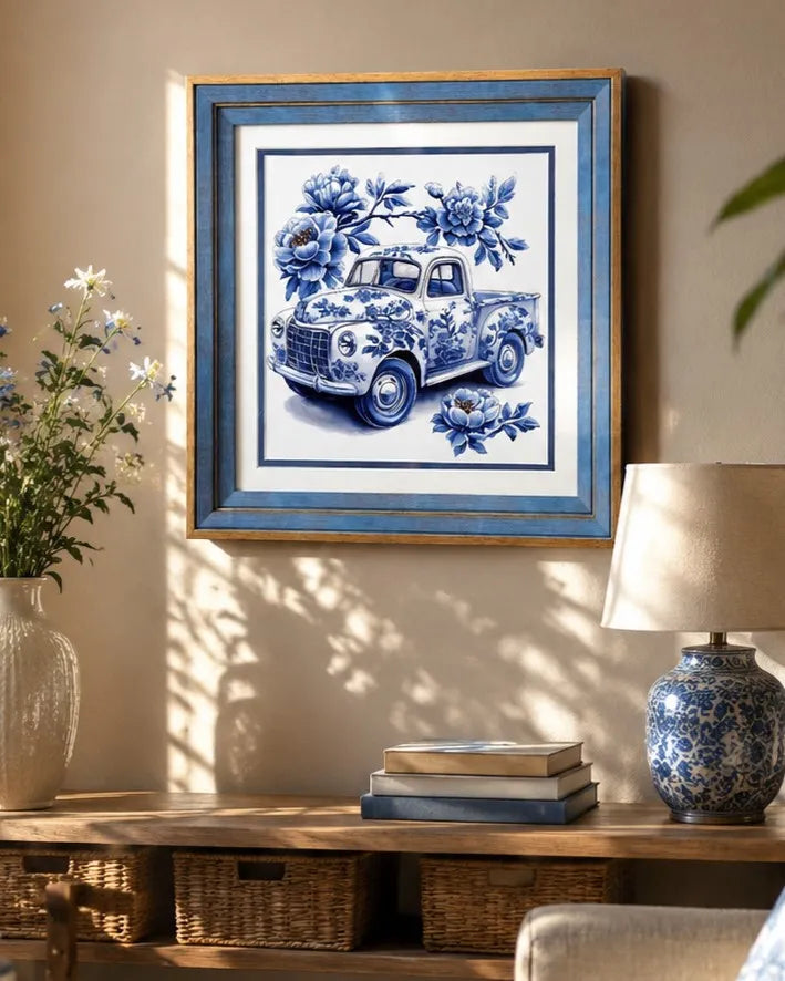 Blue & White Framed Wall art - 12"x12"