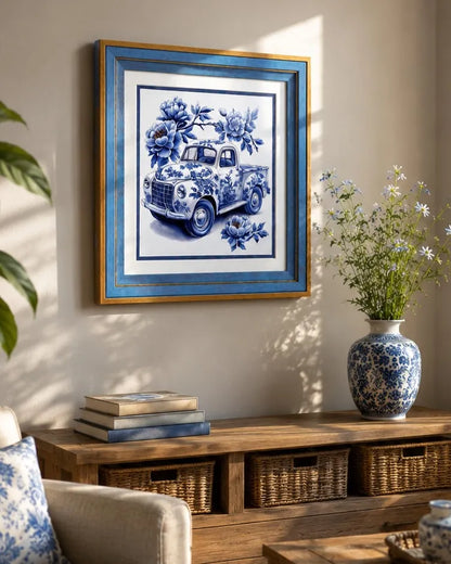 Blue & White Framed Wall art - 12"x12"
