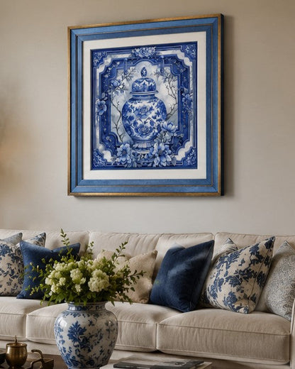 Blue & White Framed Wall art - 12"x12"