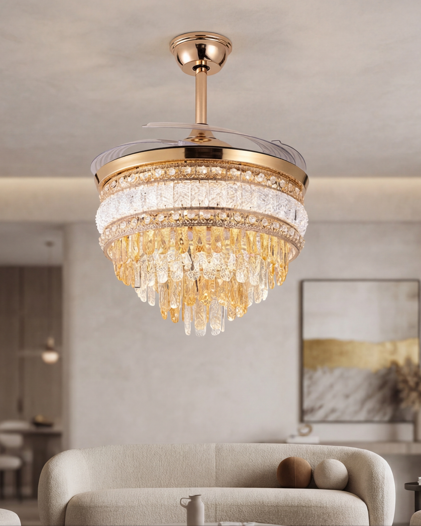 Golden Cascade Retractable Ceiling Fan + Chandelier Light (with Remote Control)