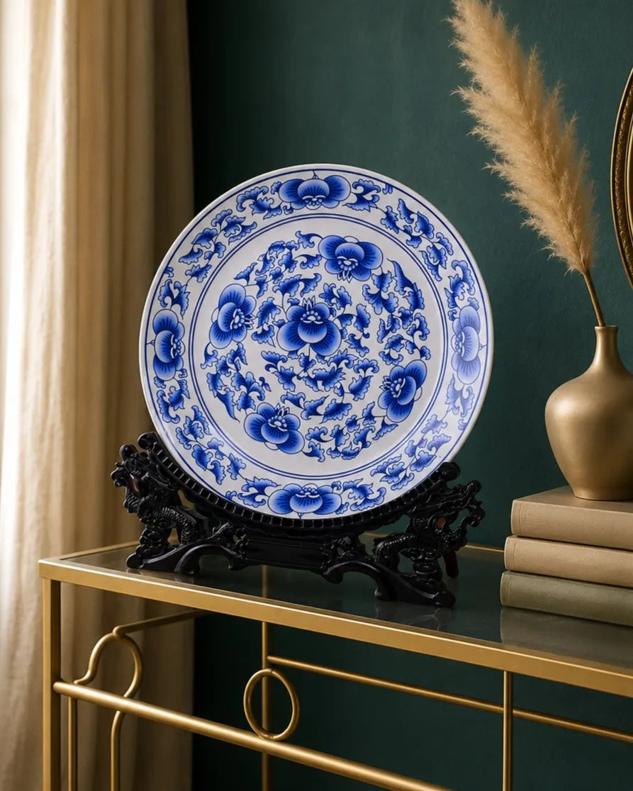 Blue Peony Blossom Decorative Plate - 35 cm