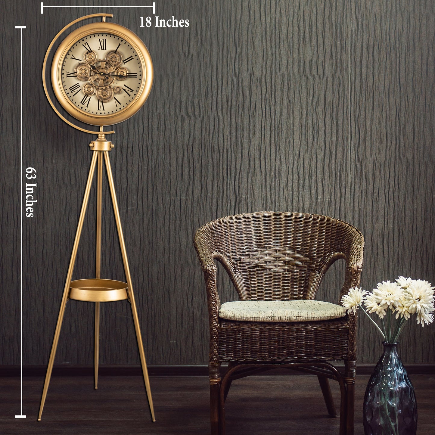 Golden Meridian Tripod Base Luxury Designer Standing Clock With Moving Gear Mechanism Buy Floor Clock Online (Steel Body)