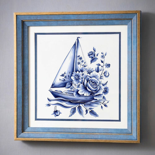 Blue & White Framed Wall art - 12"x12"