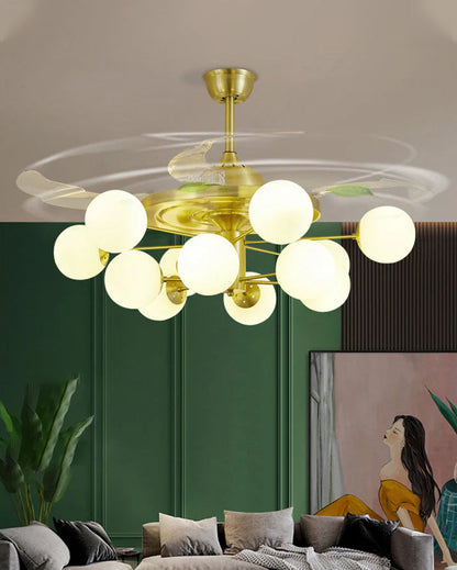 Glass Glob Retractable Ceiling Fan + Chandelier Light (with Remote Control)