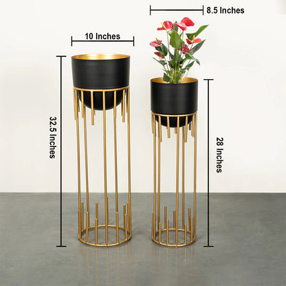 Dripping Luxury Metal Black Pot & Golden stand Planters - Pair