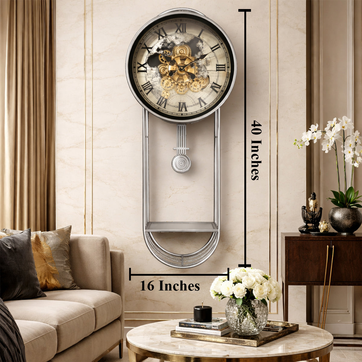 Phantom Dial Designer Pendulum Clock With Moving Gear Mechanism (Steel Body)
