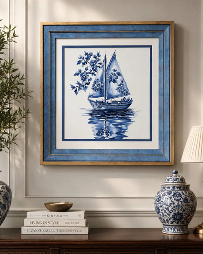 Blue & White Framed Wall art - 12"x12"
